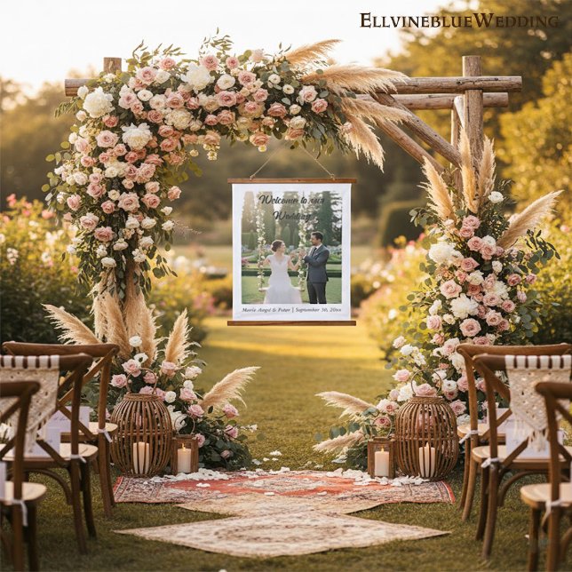 Elegant Minimalist Photo Wedding Welcome  Hanging Tapestry (Creator Uploaded)