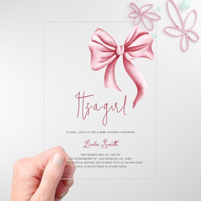 Elegant Minimalist Pink Bow Girl Baby Shower Acrylic Invitations (Creator Uploaded)