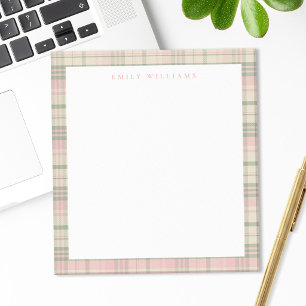 Elegant Minimalist Pink Green Plaid Notepad