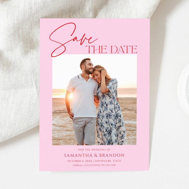 Elegant Minimalist Pink Red Photo Save The Date (Creator Uploaded)