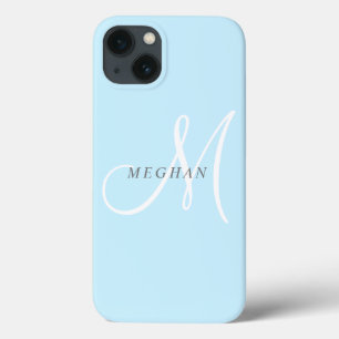 Elegant Minimalist Plain Light Blue Monogrammed iPhone 13 Case
