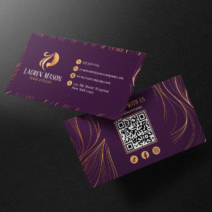 Elegant Minimalist Purple Gold HairStylist QR Code Business Card
