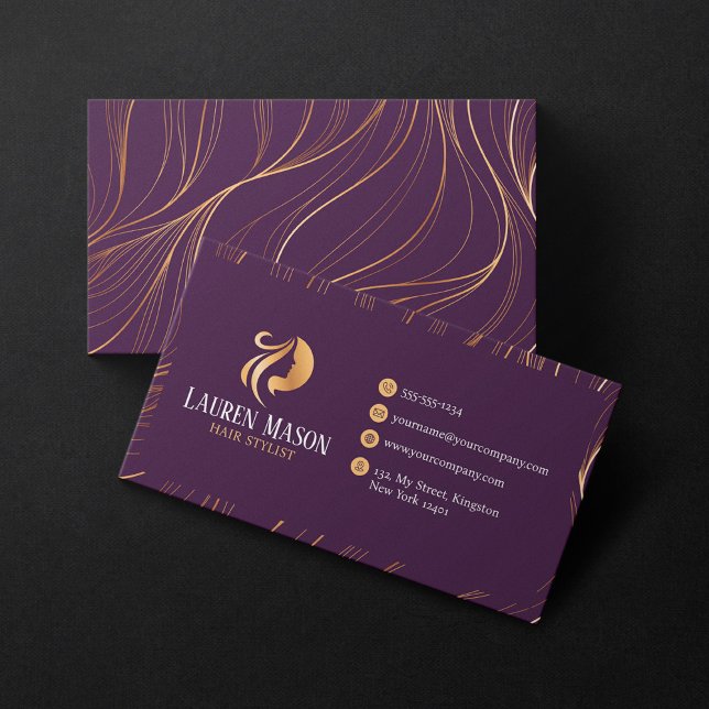Elegant Minimalist Purple Gold HairStylist Salon Business Card (Creator Uploaded)