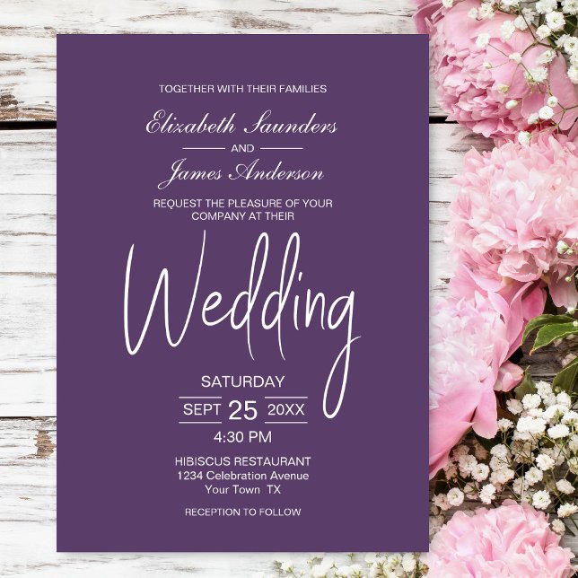 Elegant Minimalist Purple White Wedding Invitation (Creator Uploaded)