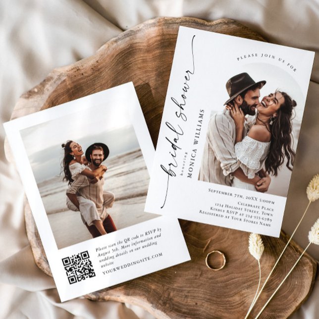 Elegant Minimalist QR code 2 PHOTO Bridal Shower Invitation (Creator Uploaded)