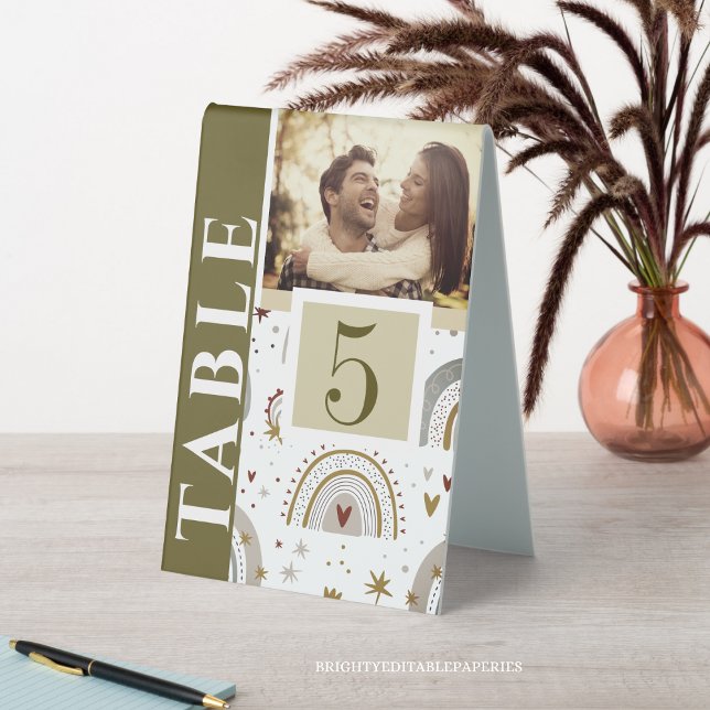 Elegant Minimalist Rainbow Photo Table Number  (a bright and boho photo of us, the happy couple, surrounded by colorful rainbows.)