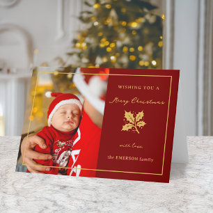 Elegant Minimalist Red/Gold Photo Holiday Card