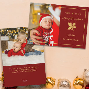 Elegant Minimalist Red/Gold Photo Holiday Card