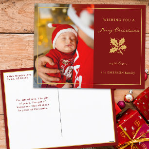 Elegant Minimalist Red/Gold Photo Holiday Postcard