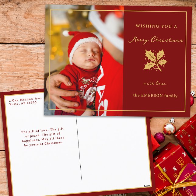Elegant Minimalist Red/Gold Photo Holiday Postcard (Creator Uploaded)