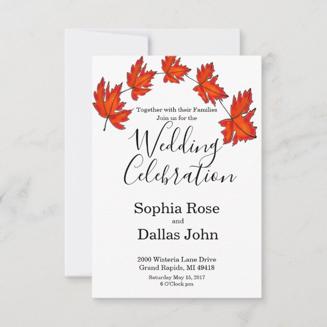 Elegant minimalist red leaves Autumn Wedding Invitation (Front)