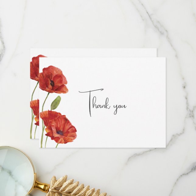 Elegant Minimalist Red Poppy Flowers Wedding Thank You Card (Front/Back In Situ)