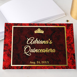 Elegant Minimalist Red Rose Floral Quinceanera Guest Book