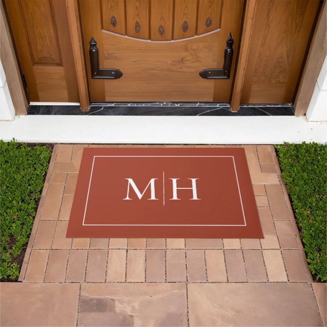 Elegant Minimalist Red Rust White Monogram Doormat (Outdoor)