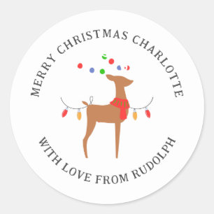 Elegant Minimalist Reindeer Christmas Family Name Classic Round Sticker