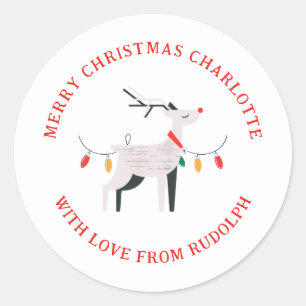 Elegant Minimalist Reindeer Christmas Family Name Classic Round Sticker