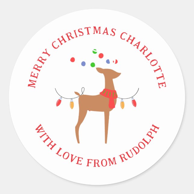 Elegant Minimalist Reindeer Christmas Family Name Classic Round Sticker (Front)