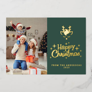 Elegant Minimalist Reindeer Christmas Family Photo Foil Holiday Card
