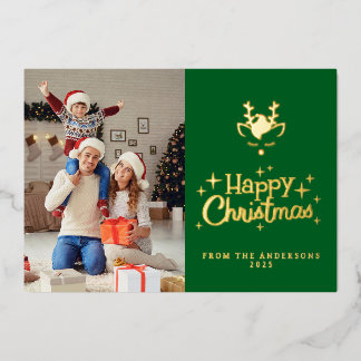 Elegant Minimalist Reindeer Christmas Family Photo Foil Holiday Card