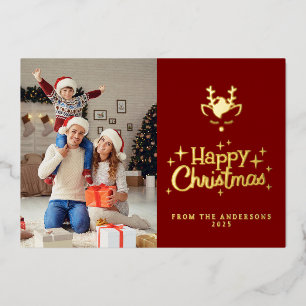 Elegant Minimalist Reindeer Christmas Family Photo Foil Holiday Card