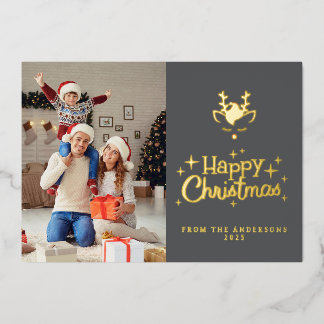 Elegant Minimalist Reindeer Christmas Family Photo Foil Holiday Card