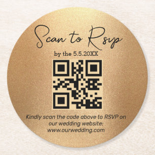 elegant minimalist rsvp qr code wedding golden round paper coaster