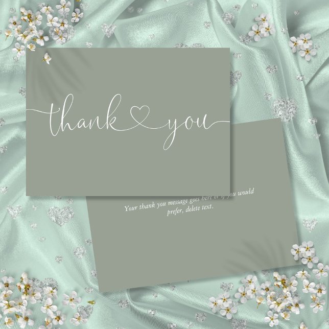 Elegant Minimalist Sage Green Heart Script Thank You Card (Elegant Minimalist Sage Green Heart Script Thank You Card)
