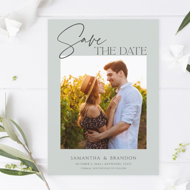 Elegant Minimalist Sage Green Photo Save The Date (Creator Uploaded)