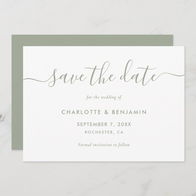 Elegant Minimalist Sage Green Wedding Save The Date (Front/Back)