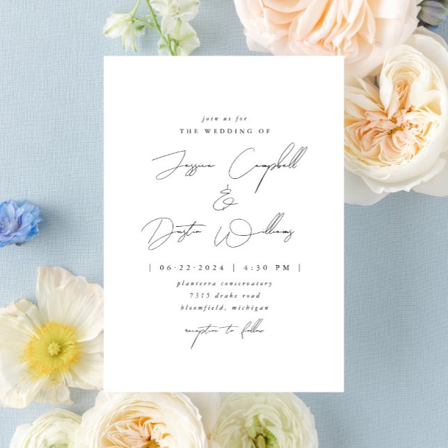 Elegant Minimalist Script Black and White Wedding Invitation (Creator Uploaded)