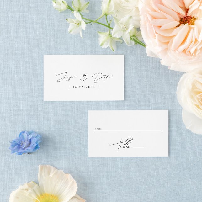 Elegant Minimalist Script Black and White Wedding Place Card (Creator Uploaded)