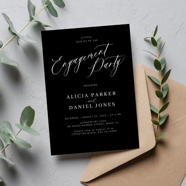 Elegant minimalist script black engagement party invitation (Creator Uploaded)