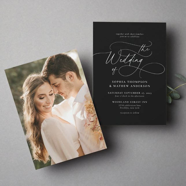 Elegant Minimalist Script Black Photo Wedding Invitation (Creator Uploaded)