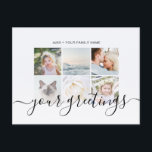 Elegant Minimalist Script Family Photo Greetings Postcard<br><div class="desc">Personalised 6 family photos Universal Greetings Postcards featuring a stylish photo collage with 6 customised images, your greetings message in elegant handwritten script font, your name, date, year, message on the back in a modern and simple sans serif font. Create your own greetings postcards with this elegant template, perfect for...</div>