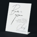 Elegant Minimalist Script Funny Wedding Drinks Pedestal Sign<br><div class="desc">Elegant Minimalist Script Funny Wedding Drinks Pedestal Sign saying “bar is open”</div>