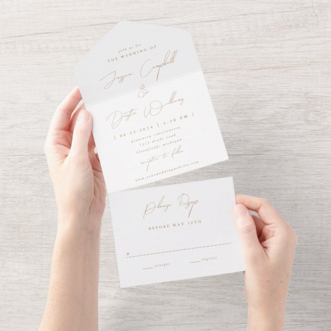 Elegant Minimalist Script Gold Wedding All In One Invitation (Tearaway)