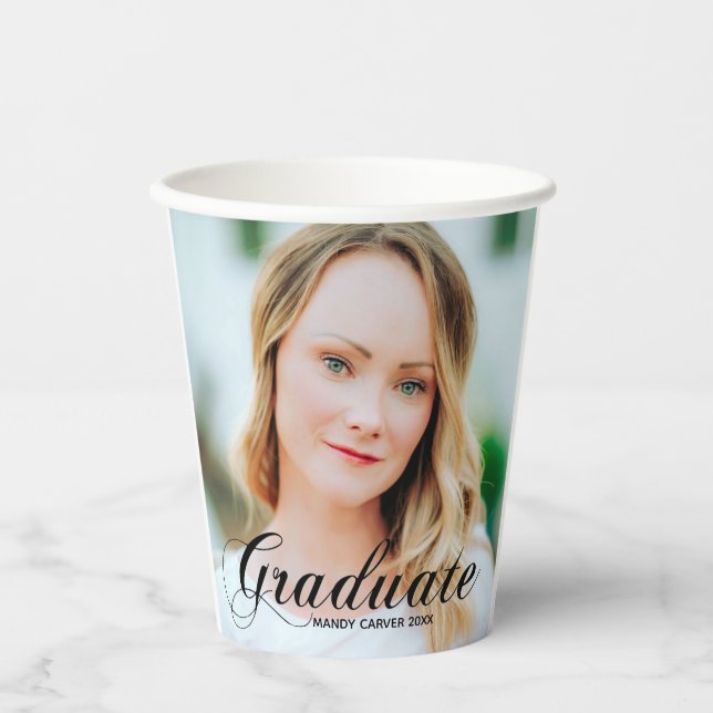 Elegant Minimalist Script Graduation Photo Party Paper Cups (Front)