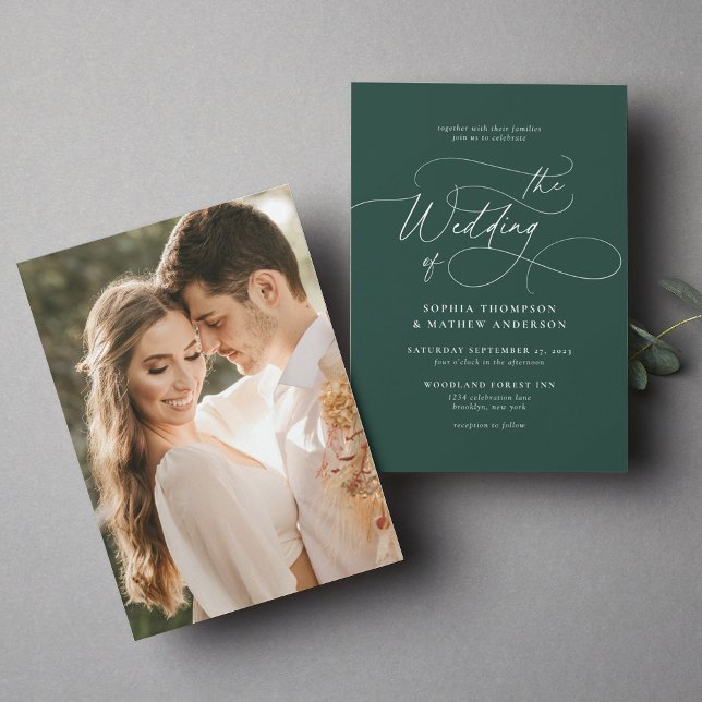 Elegant Minimalist Script Green Photo Wedding Invitation (Creator Uploaded)