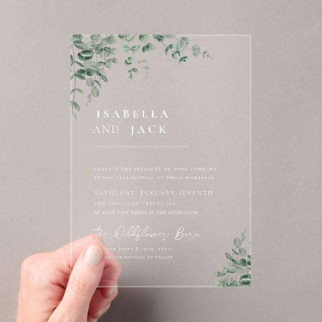 Elegant Minimalist Script Greenery Wedding  Acrylic Invitations (Insitu (Handheld))
