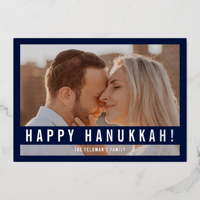 Elegant Minimalist Script Happy Hanukkah Photo  Foil Holiday Card (Front)