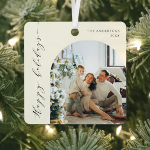 Elegant Minimalist Script Happy Holidays Photo Metal Tree Decoration