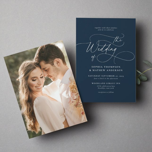 Elegant Minimalist Script Navy Blue Photo Wedding Invitation (Creator Uploaded)