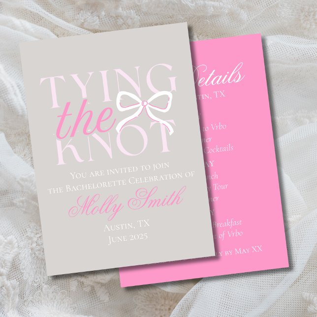 Elegant Minimalist She's Tying the Knot Bridal Invitation (Tying the Knot bow invite with modern serif font – perfect for bachelorette or bridal celebrations!)