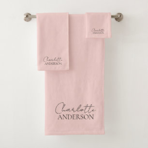 Elegant Minimalist Simple Name Blush Pink Bath Towel Set