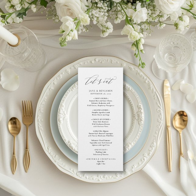 Elegant Minimalist Simple White Let's Eat Wedding Menu (This elegant dinner menu features a chic calligraphy script font and a sleek, minimalist look.)