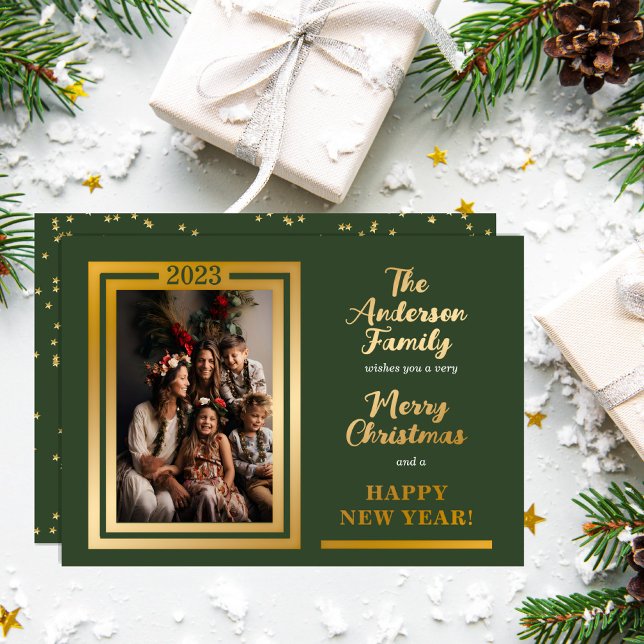 Elegant Minimalist | Stars | Merry Christmas Photo Foil Holiday Card (Classy and elegant one photo real gold foil "Merry Christmas" and "Happy New Year" design.)