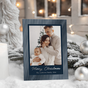 Elegant Minimalist Striped Navy Blue Christmas Foil Holiday Card