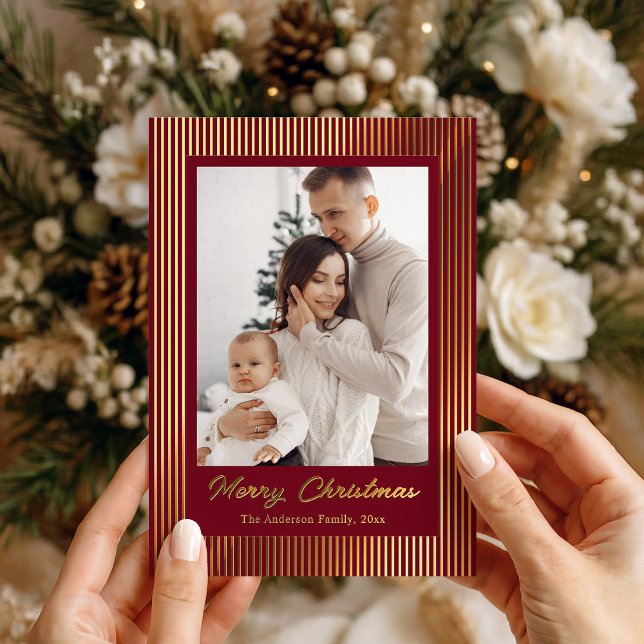Elegant Minimalist Striped Red Gold Christmas Foil Holiday Card (Creator Uploaded)