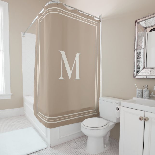 Elegant Minimalist Tan Monogram Shower Curtain (In Situ)