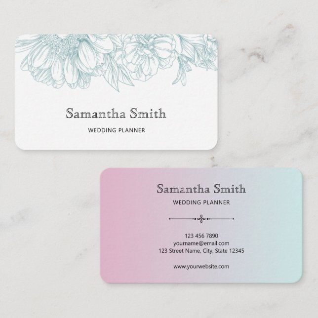 Elegant Minimalist Teal Green Floral Line Art Business Card (Front/Back)